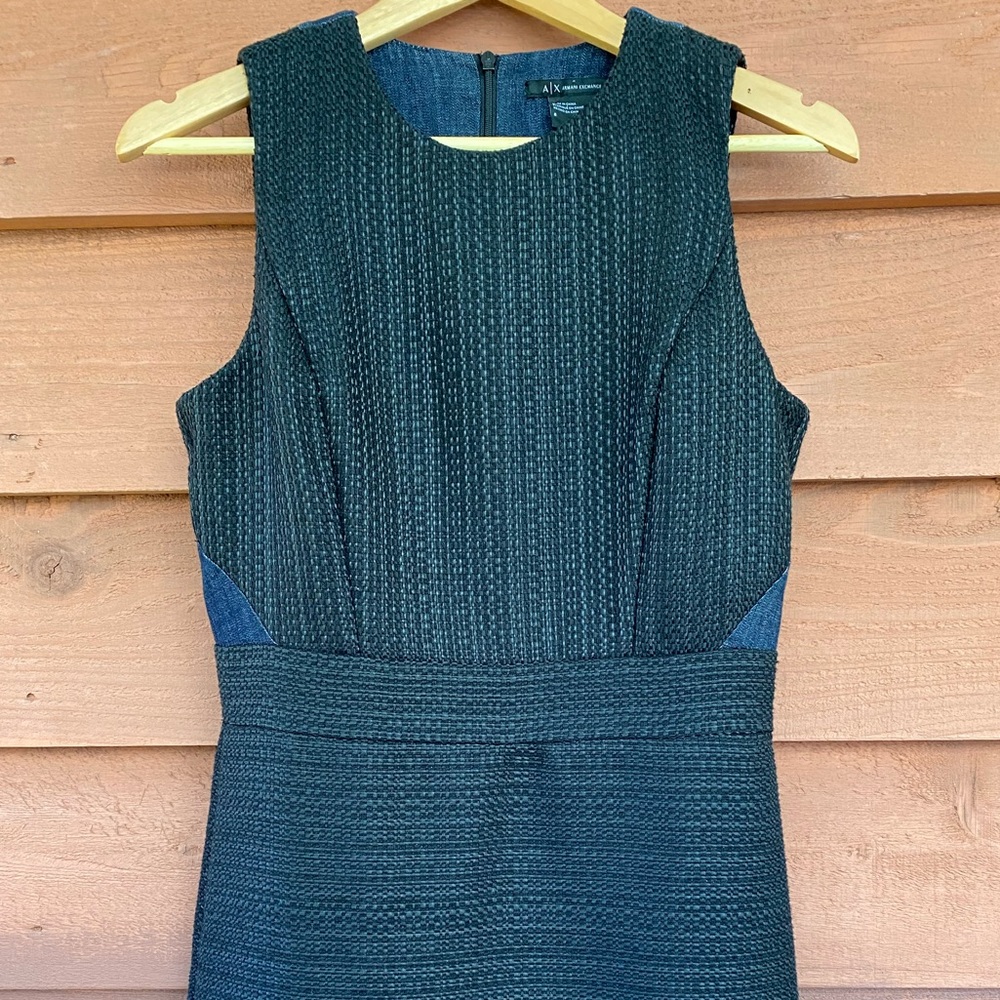 A|X Armani Exchange | Pieced Tweed Dress | Black Tweed + Navy Denim | NWOT